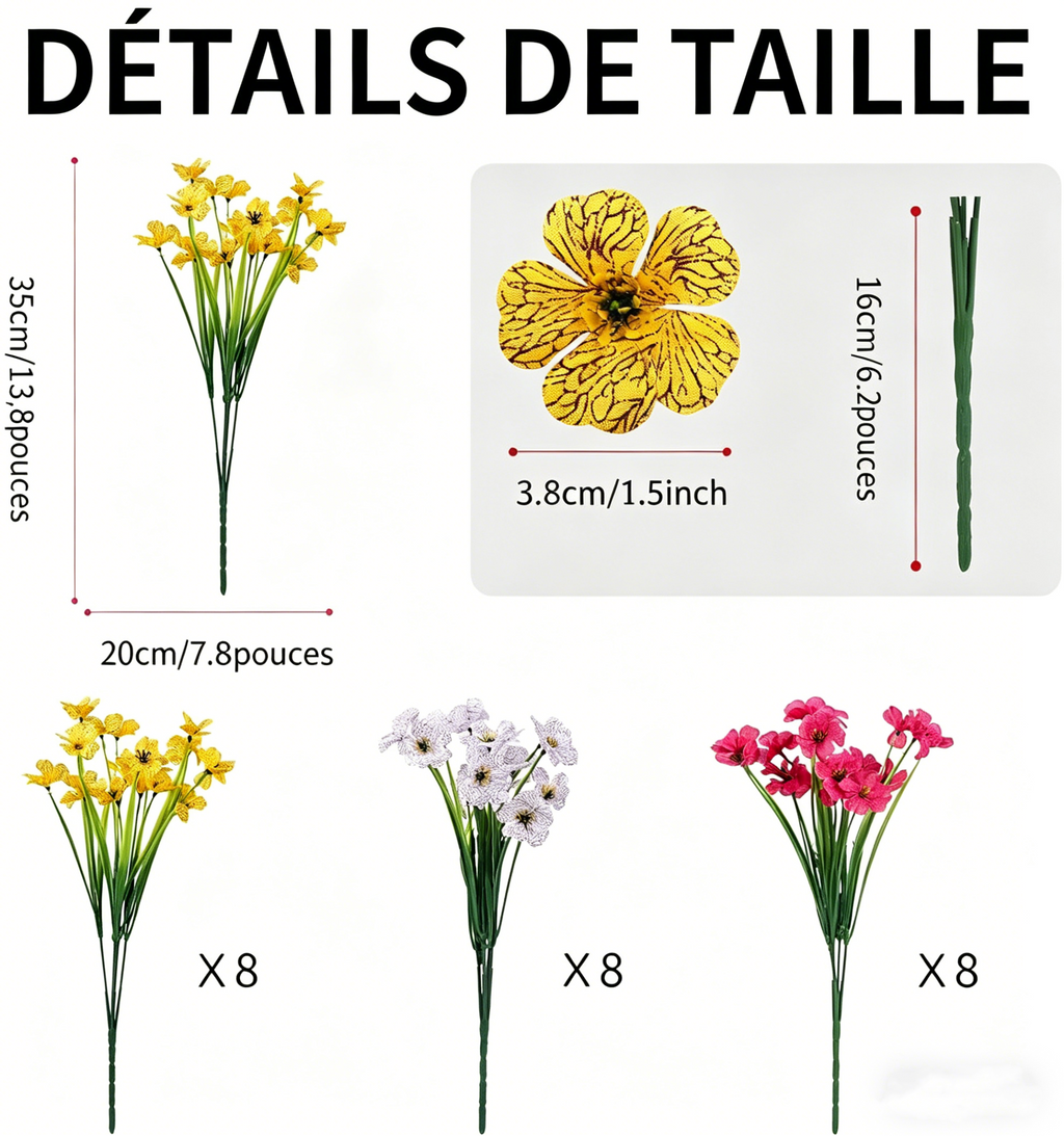 Lot de 24 Bouquets de Fleurs Artificielles Résistantes UV – 35cm Plantes Fausses sans Décoloration pour Jardin, Porche & Jardinières Extérieur
