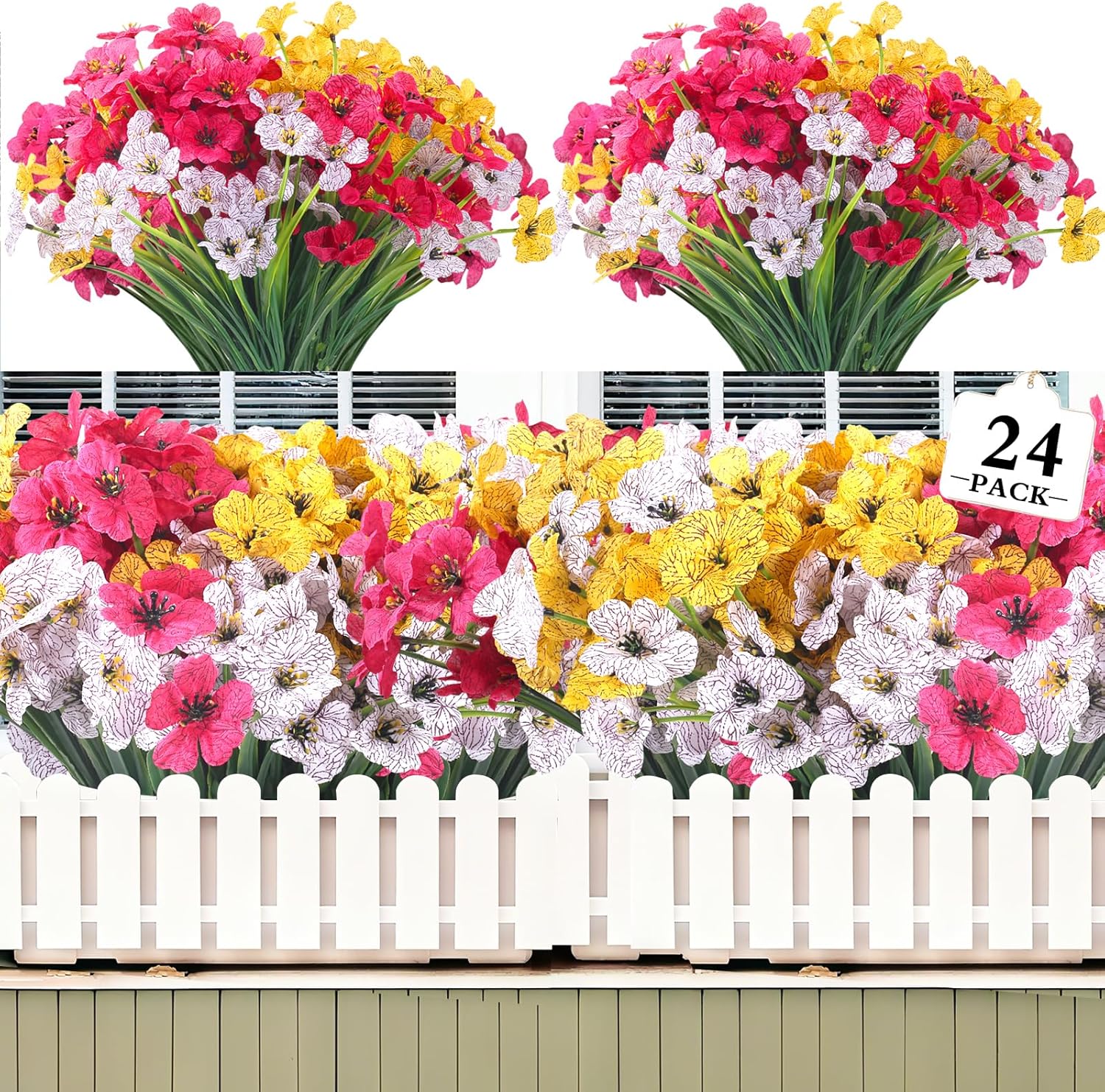 Lot de 24 Bouquets de Fleurs Artificielles Résistantes UV – 35cm Plantes Fausses sans Décoloration pour Jardin, Porche & Jardinières Extérieur