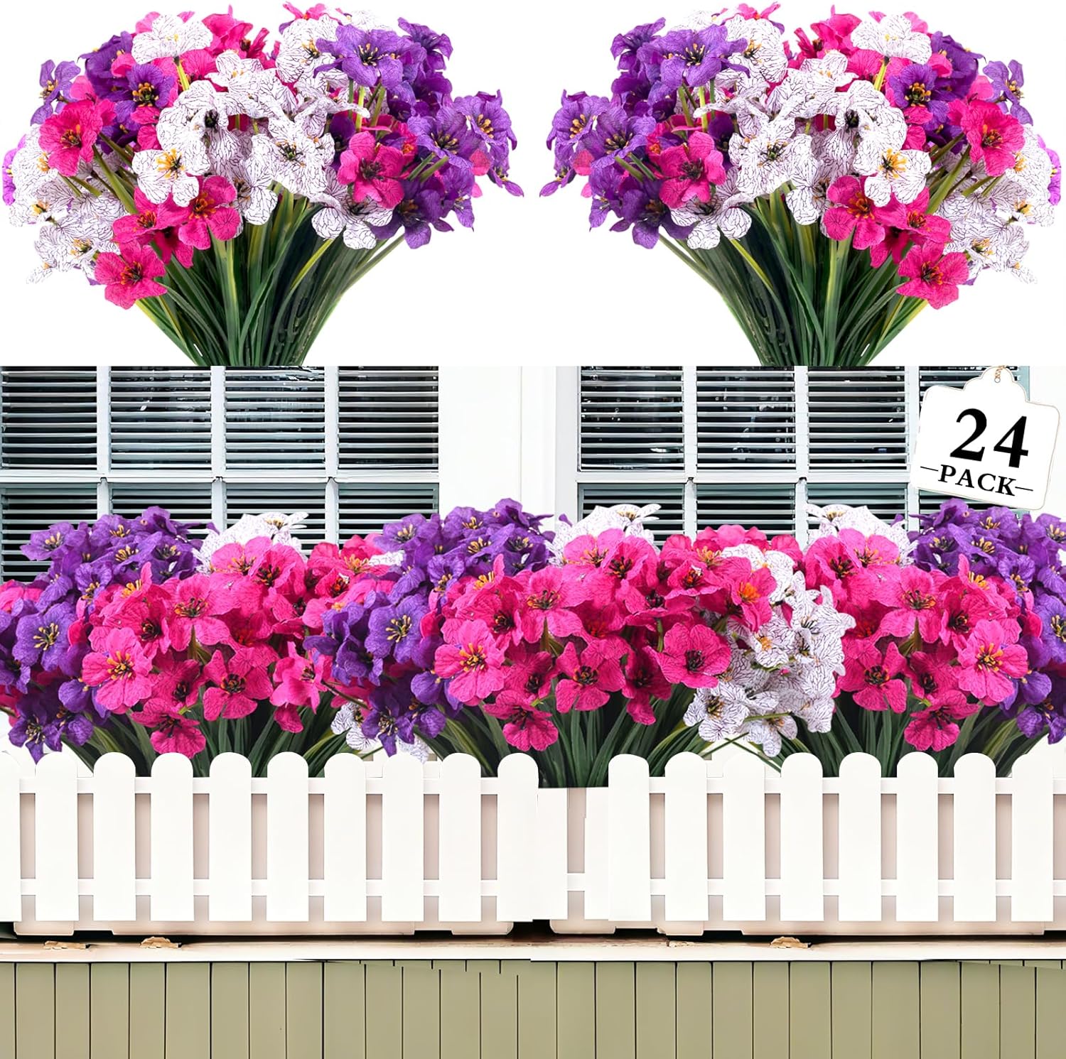 Lot de 24 Bouquets de Fleurs Artificielles Résistantes UV – 35cm Plantes Fausses sans Décoloration pour Jardin, Porche & Jardinières Extérieur