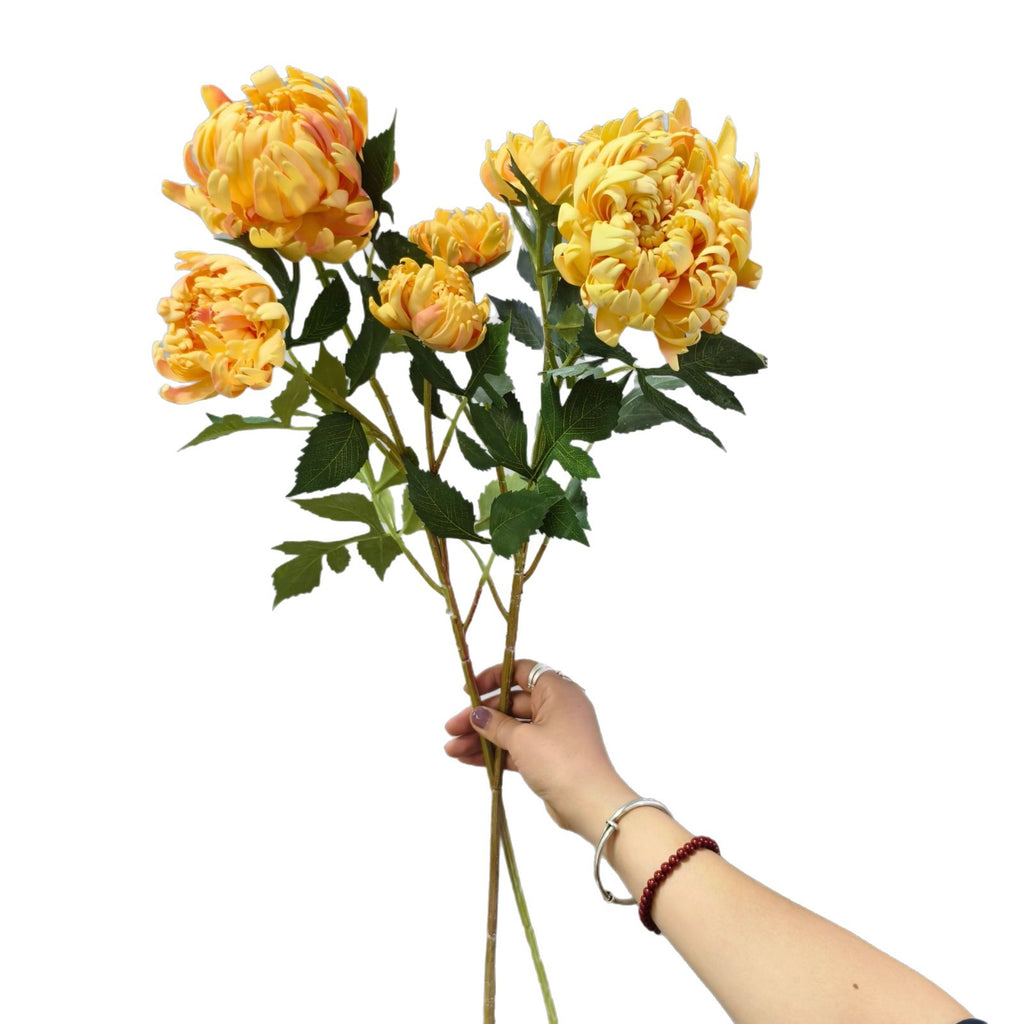 Fleur artificielle Dahlia Chrysanthème, tige unique avec 3 fleurs, 68 cm, décoration intérieure élégante