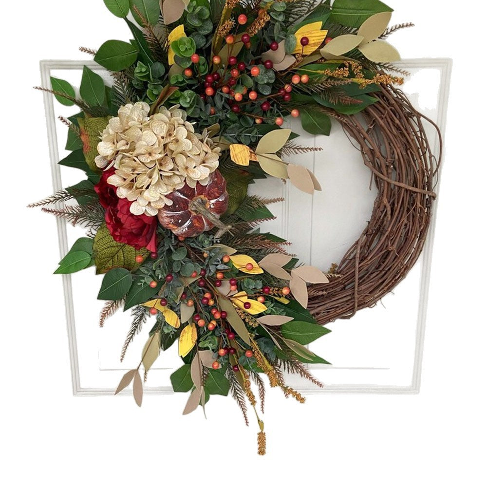Décoration murale en osier avec fleurs de citrouille et hortensias rouges, 40 cm, style campagne