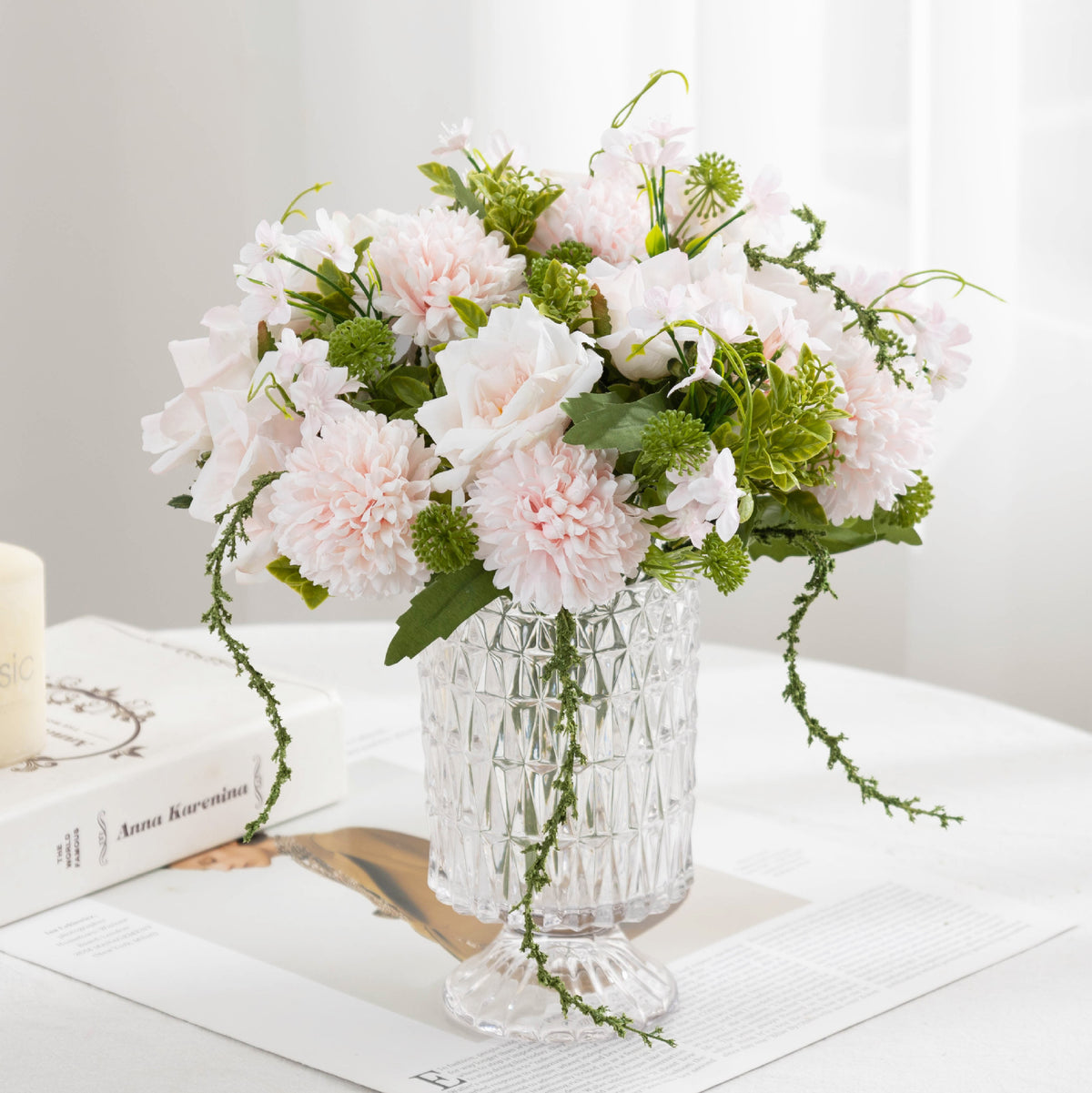 Bouquet de roses et chrysanthèmes artificiels 28 cm, décoration élégante pour mariage, maison ou café, style champêtre et bohème