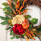 Décoration murale en osier avec fleurs de citrouille et hortensias rouges, 40 cm, style campagne