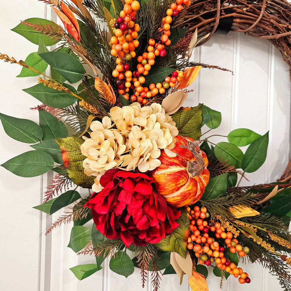 Décoration murale en osier avec fleurs de citrouille et hortensias rouges, 40 cm, style campagne