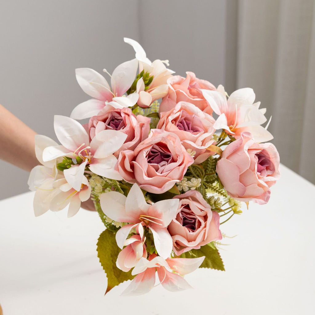 Bouquet de roses et lys artificiels, 34 cm, élégance française, pour mariage, décoration intérieure et extérieure