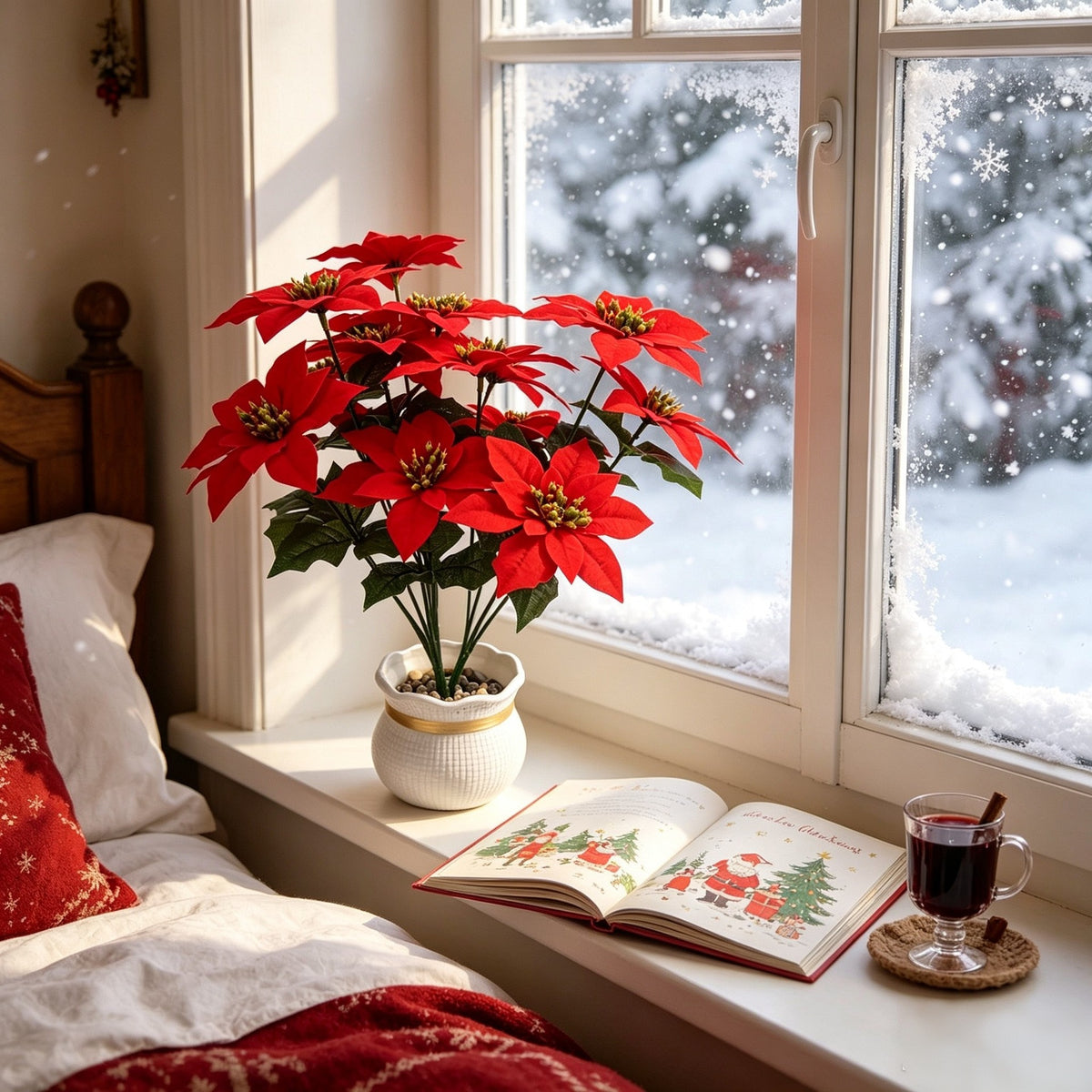 Fleur artificielle Poinsettia 5 têtes, 39 cm, décoration de Noël et mariage, intérieur élégant