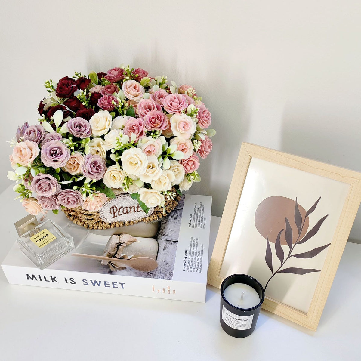 Bouquet de 15 roses artificielles en polyester, 30 cm, décoration intérieure et mariage