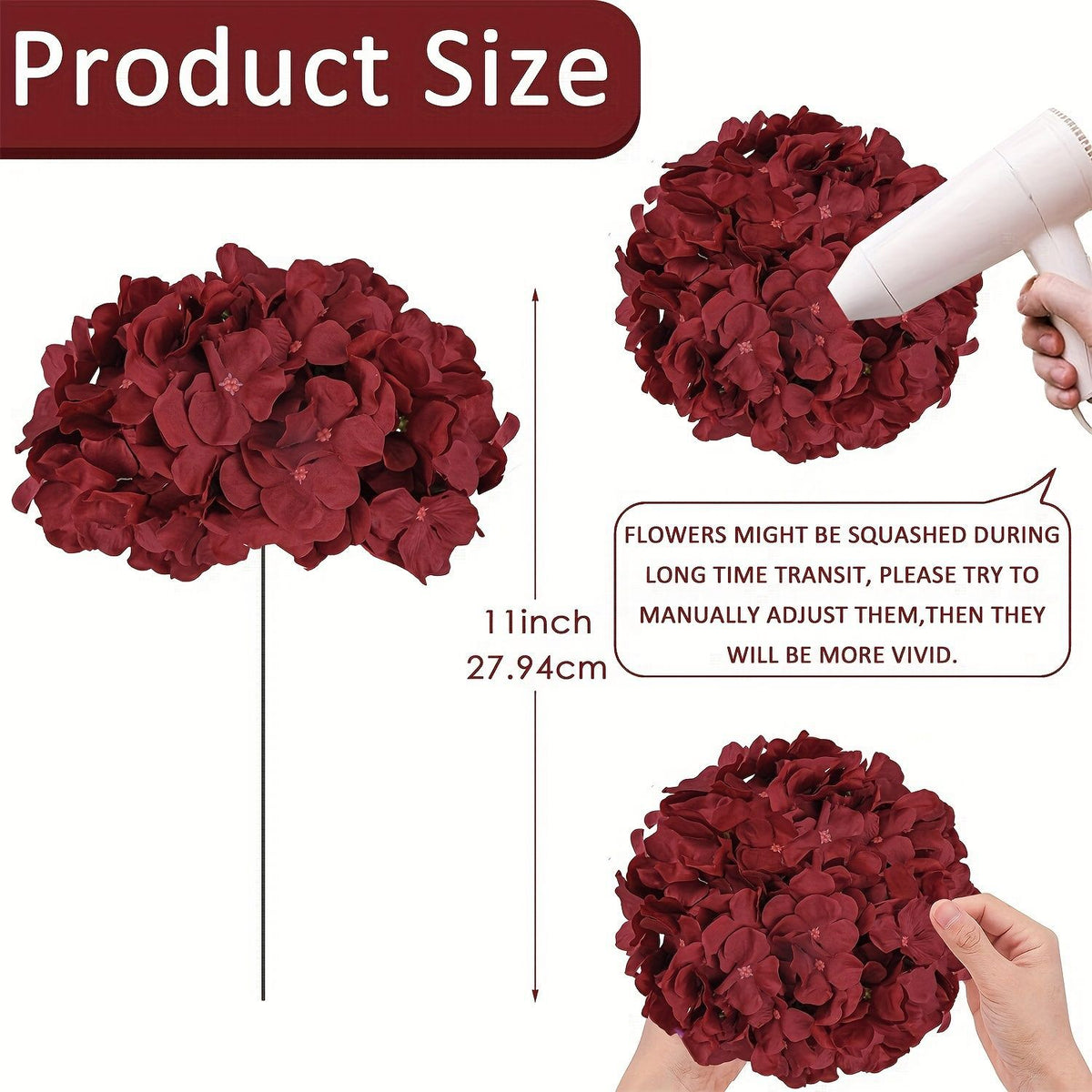Tête de fleur d'hortensia artificiel en tissu soyeux, 28 cm, couleur bordeaux, pour décoration intérieure et mariage