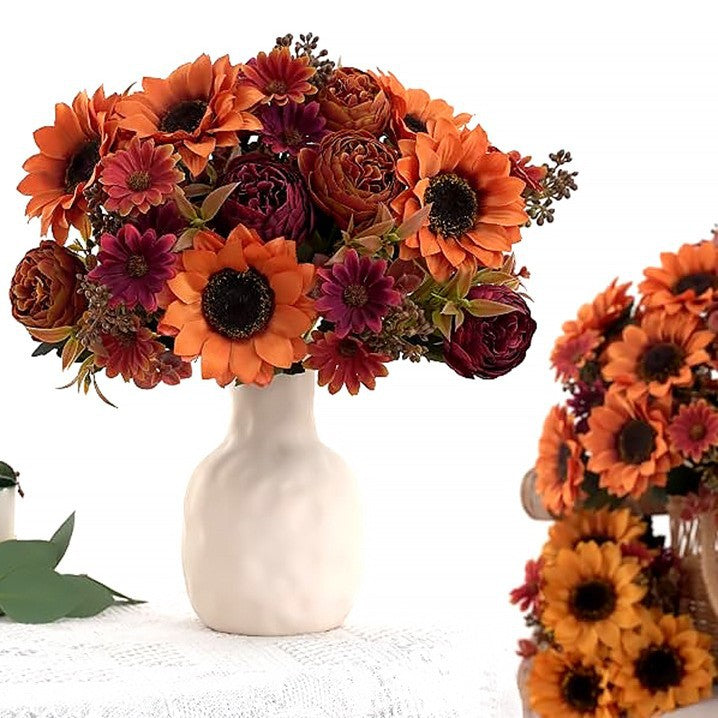 Bouquet artificiel 32 cm – Pivoines, Marguerites, Tournesols, 8 fleurs, décoration intérieur/extérieur, mariage, événement