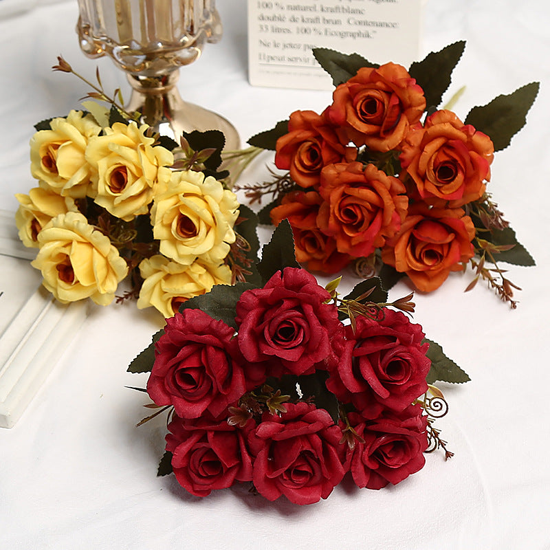 Bush de roses artificielles vintage, 6 fleurs, 30 cm, tissu soyeux, décoration intérieure et événements