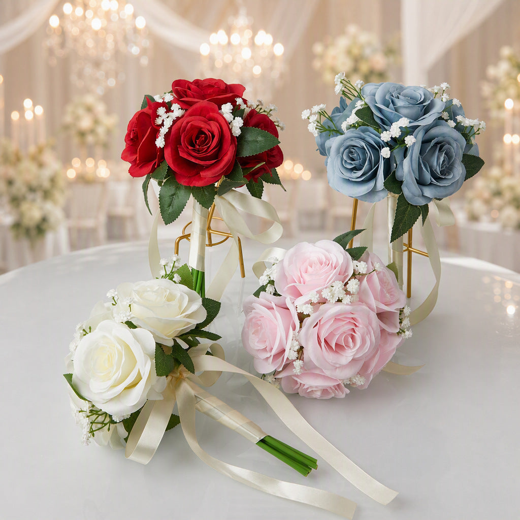 Bouquet de roses et gypsophile artificiel, 27,5 cm, idéal pour les mariages