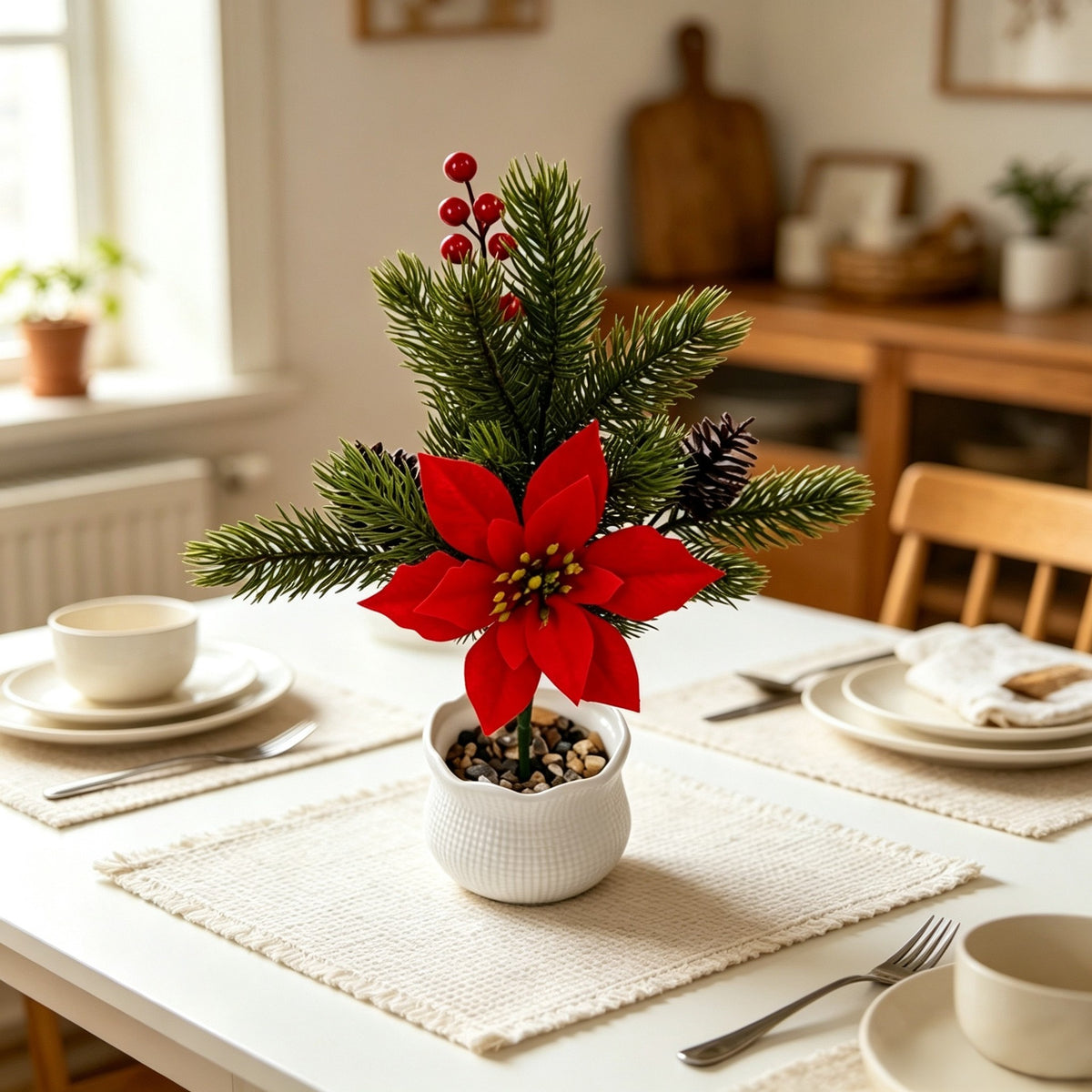 2 branches de poinsettia artificiel en soie polyester pour Noël, décoration florale élégante, 36 cm, pour mariage, maison et commerce