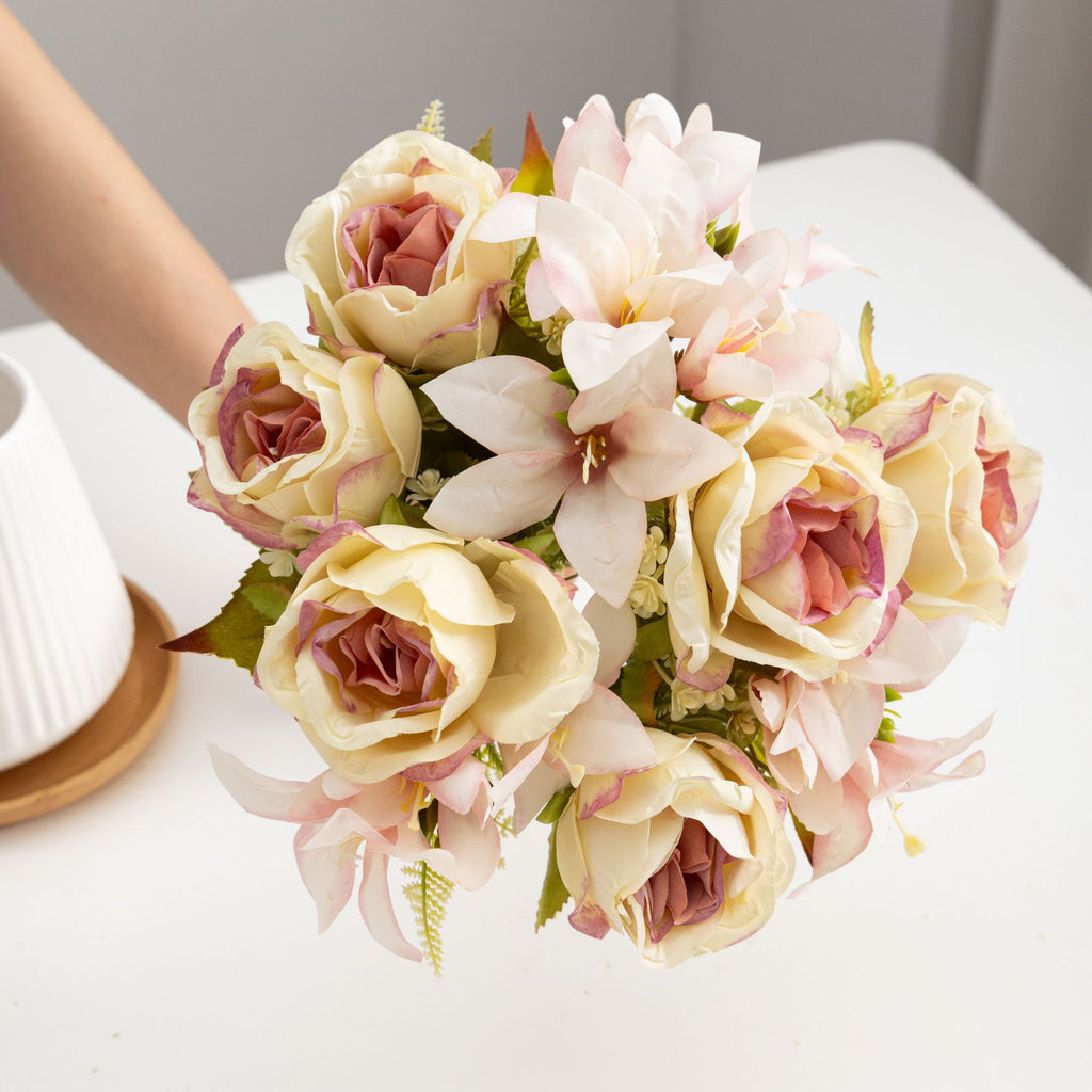 Bouquet de roses et lys artificiels, 34 cm, élégance française, pour mariage, décoration intérieure et extérieure