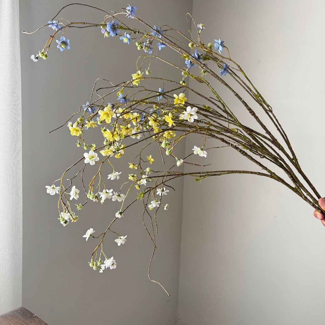 Fleur artificielle de Delphinium et Spirée de perles, 132 cm, tige unique, soie, jaune/bleu/blanc, décoration intérieure/extérieure, mariage, événements