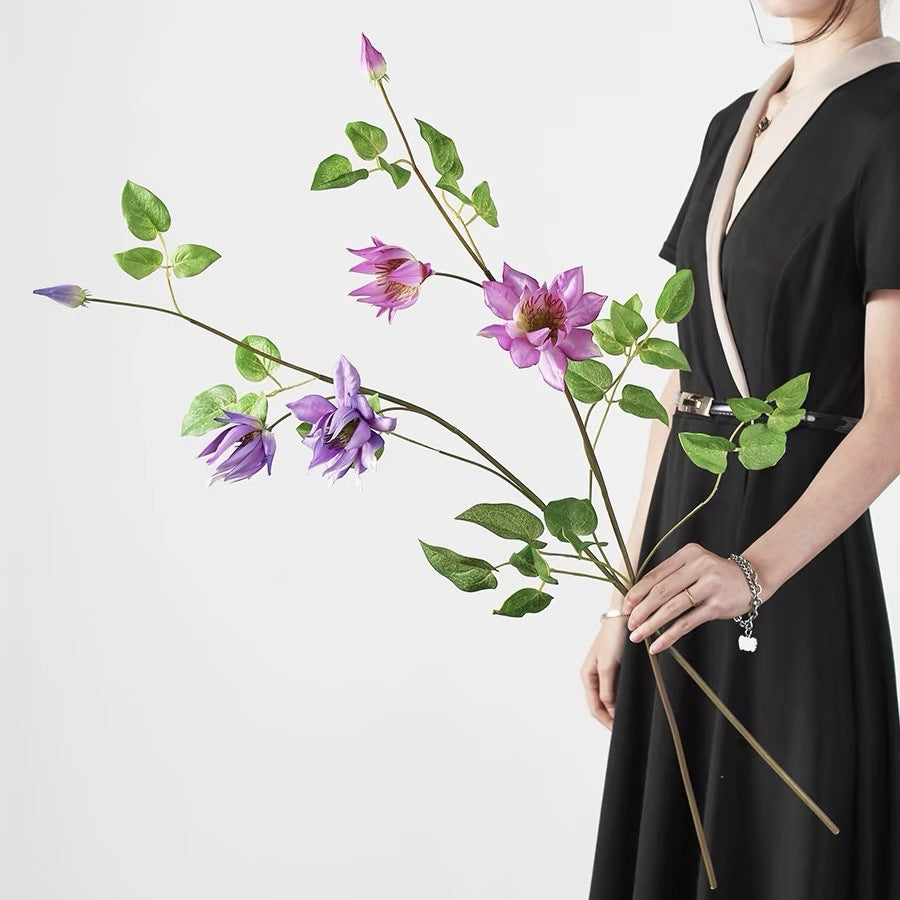 Fleur artificielle Clématite, tige unique avec 3 fleurs, 90 cm, décoration intérieure élégante, style champêtre, pour maison, hôtel ou événement