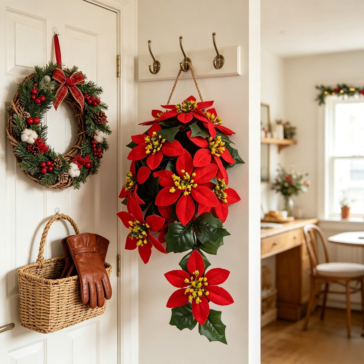 Guirlande de 11 poinsettias artificiels, 40 cm, déco Noël et mariage, intérieur