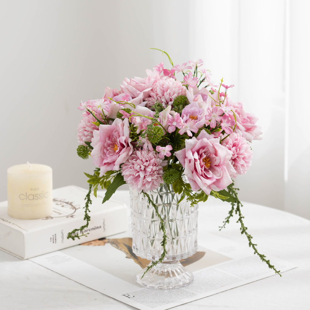 Bouquet de roses et chrysanthèmes artificiels 28 cm, décoration élégante pour mariage, maison ou café, style champêtre et bohème