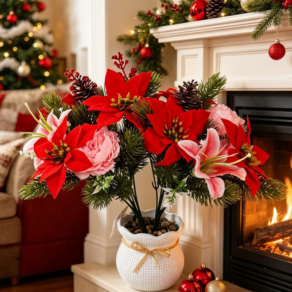 Bouquet de Poinsettia Artificiel, 30 cm, Décoration de Noël, PVC et Tissu Polyester