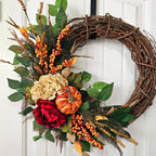 Décoration murale en osier avec fleurs de citrouille et hortensias rouges, 40 cm, style campagne