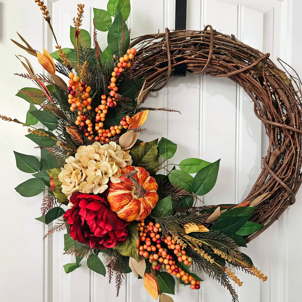 Décoration murale en osier avec fleurs de citrouille et hortensias rouges, 40 cm, style campagne