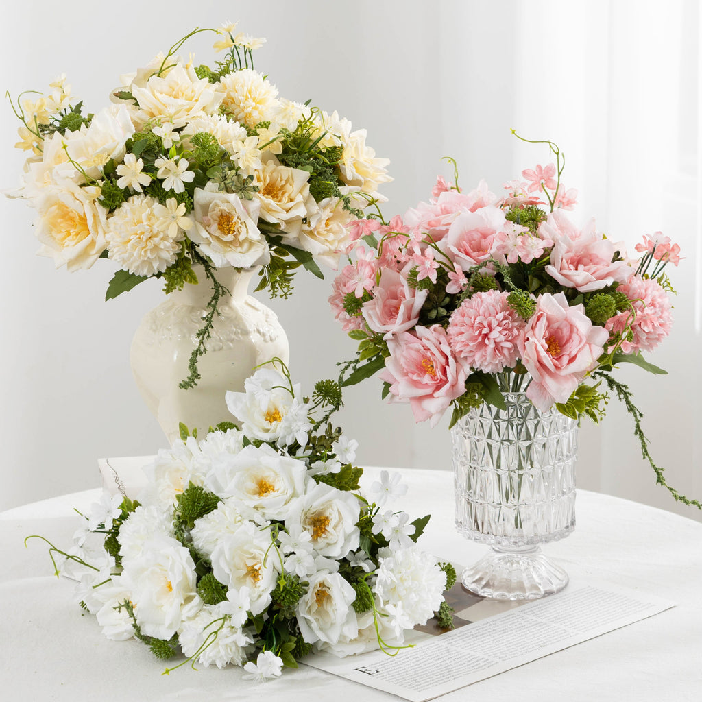 Bouquet de roses et chrysanthèmes artificiels 28 cm, décoration élégante pour mariage, maison ou café, style champêtre et bohème