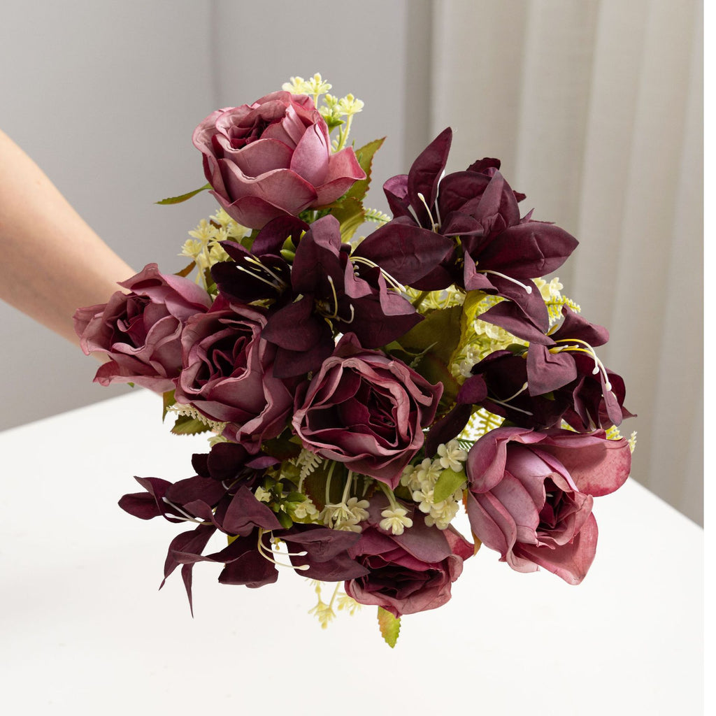 Bouquet de roses et lys artificiels, 34 cm, élégance française, pour mariage, décoration intérieure et extérieure
