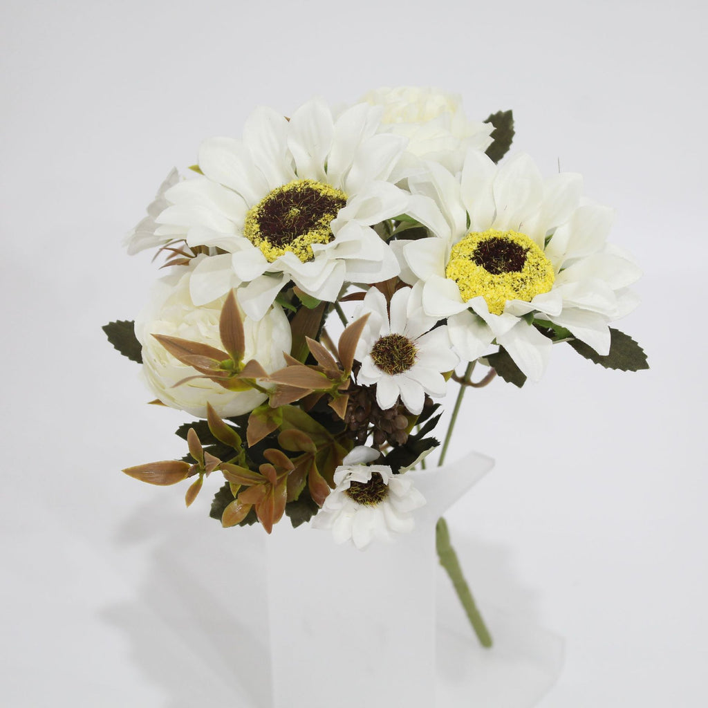 Bouquet artificiel 32 cm – Pivoines, Marguerites, Tournesols, 8 fleurs, décoration intérieur/extérieur, mariage, événement