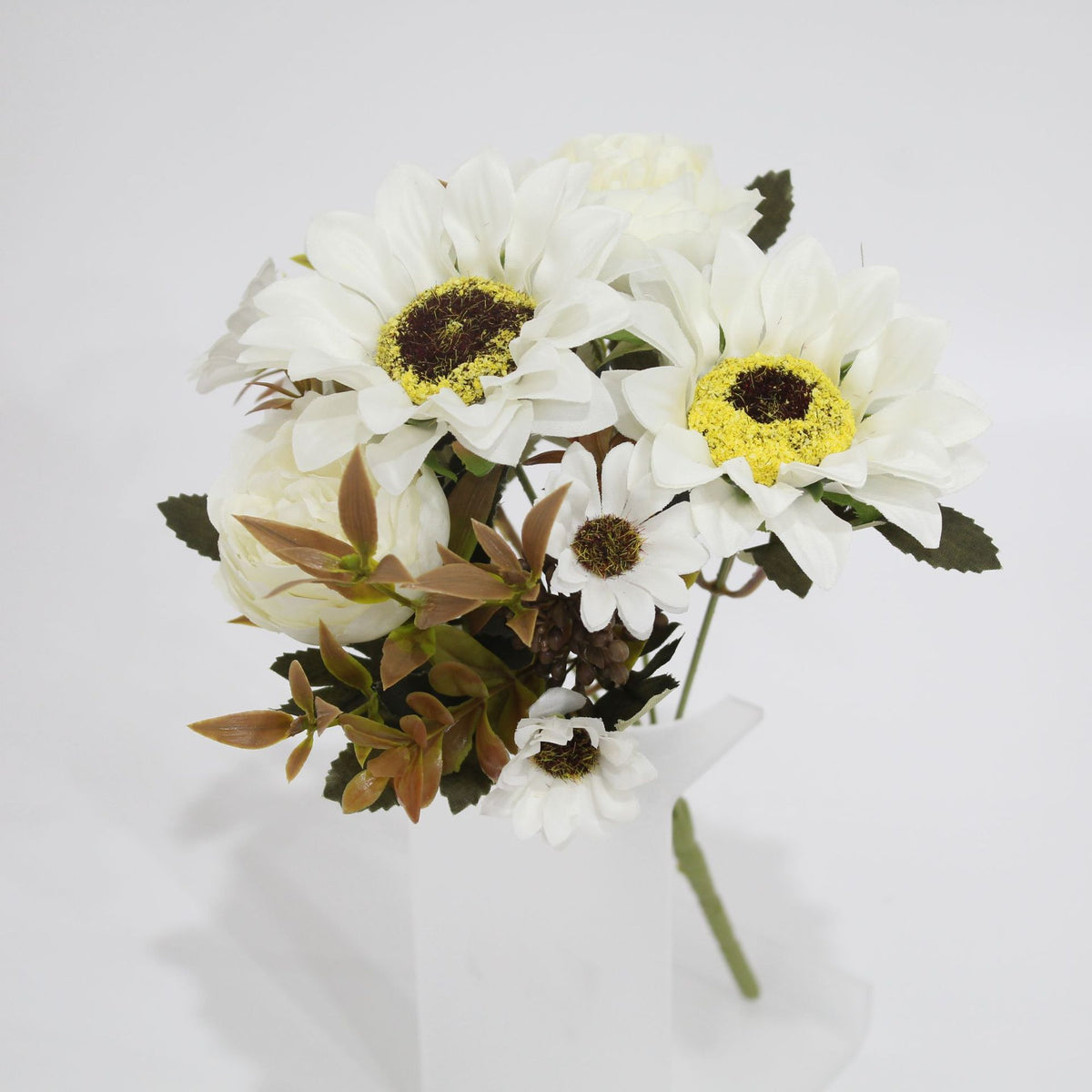 Bouquet artificiel 32 cm – Pivoines, Marguerites, Tournesols, 8 fleurs, décoration intérieur/extérieur, mariage, événement