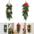 Décoration murale de Noël, guirlande de branches de pin artificielles avec baies rouges et fleurs de Noël, 64 cm, intérieur, fêtes