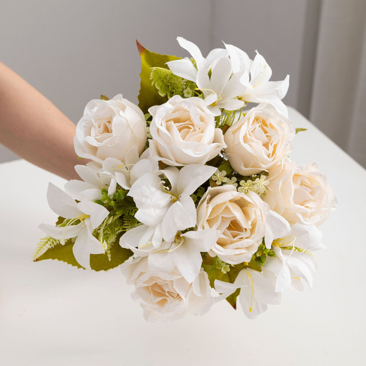 Bouquet de roses et lys artificiels, 34 cm, élégance française, pour mariage, décoration intérieure et extérieure