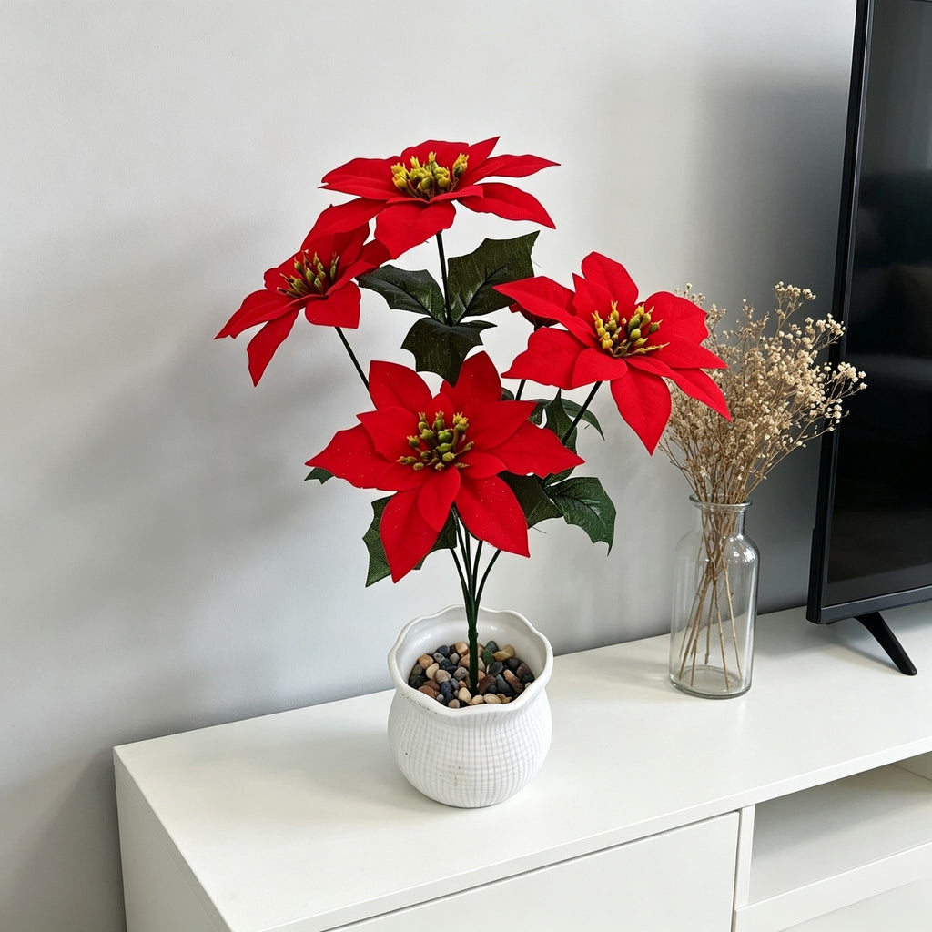 Fleur artificielle Poinsettia 5 têtes, 39 cm, décoration de Noël et mariage, intérieur élégant