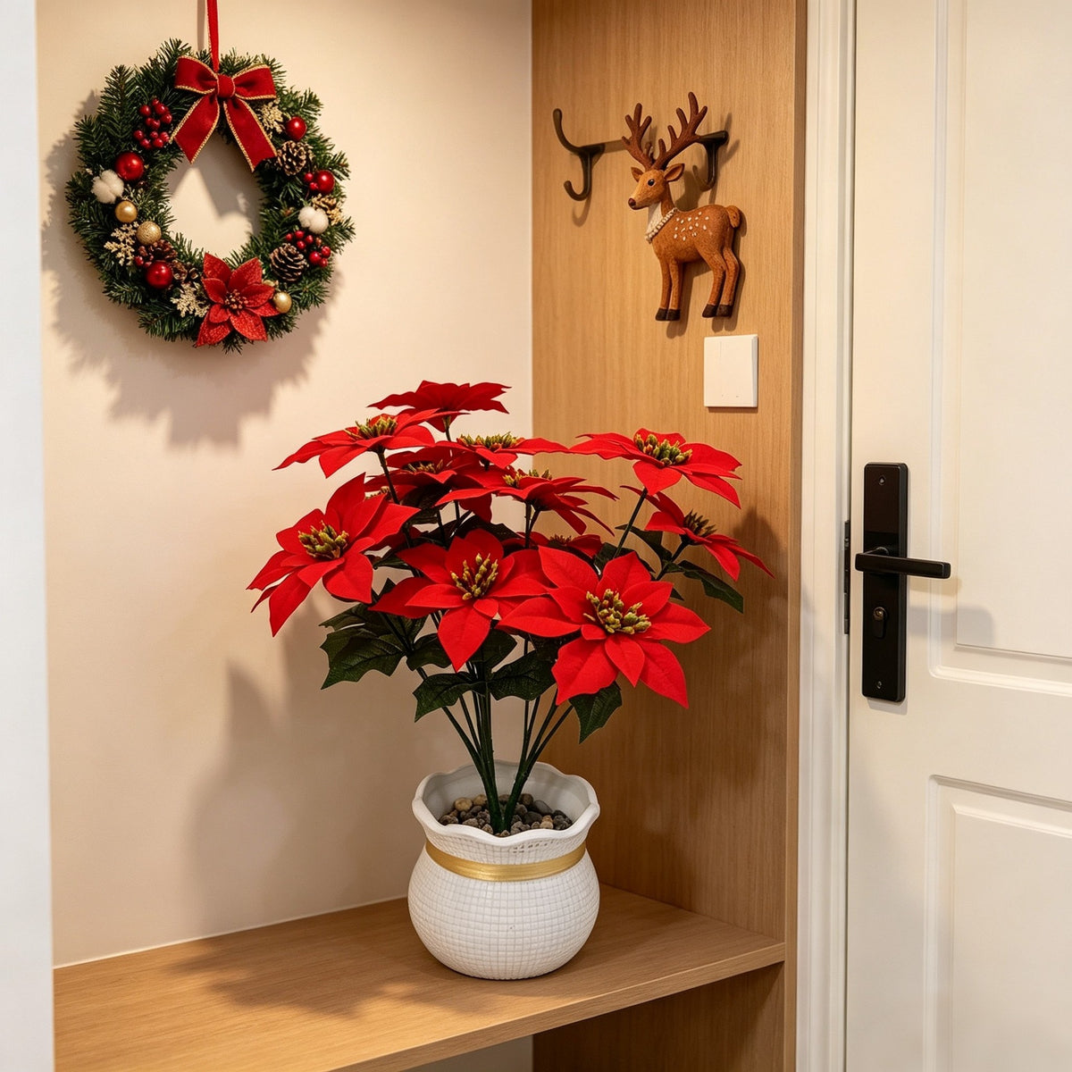 Fleur artificielle Poinsettia 5 têtes, 39 cm, décoration de Noël et mariage, intérieur élégant