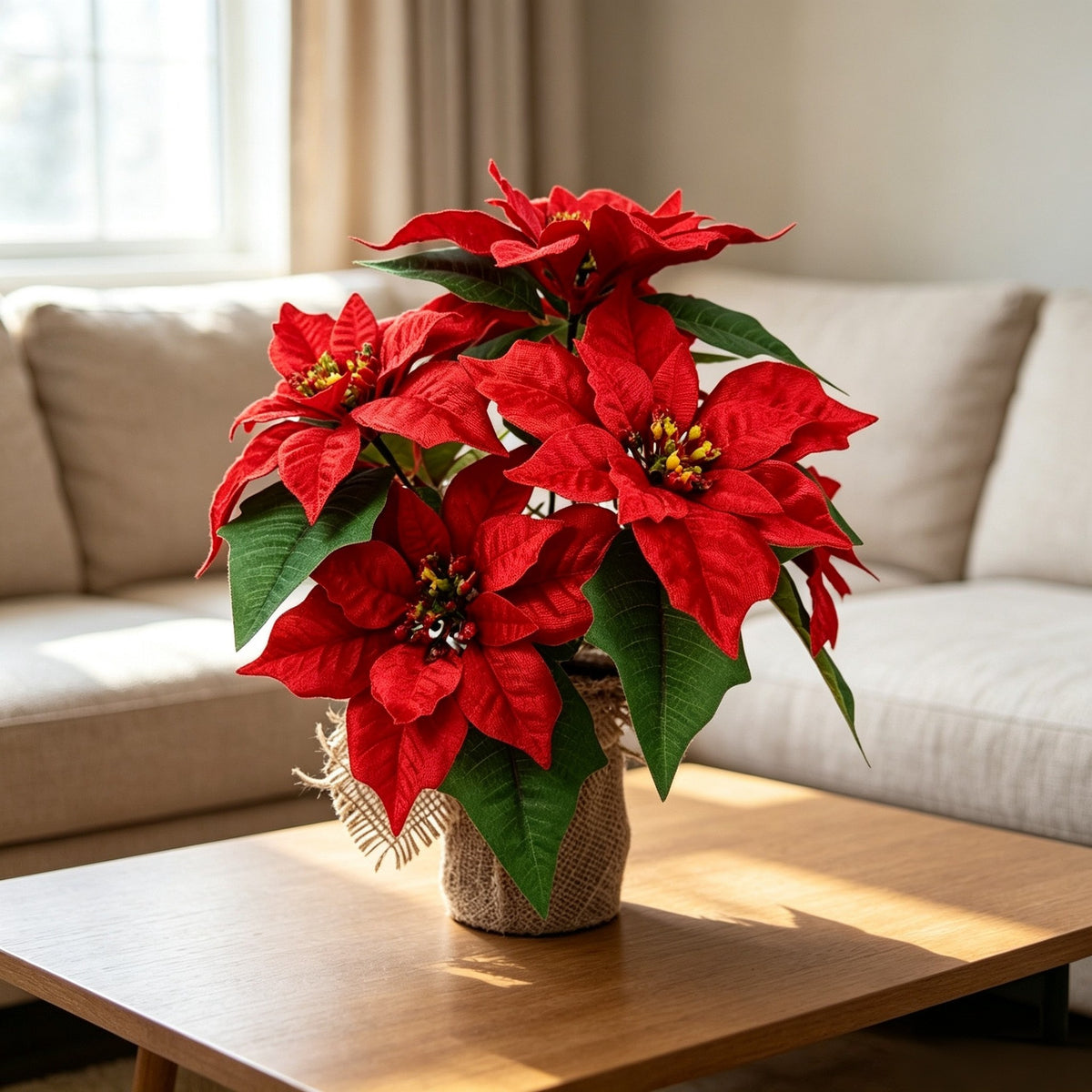 Plante artificielle Poinsettia (34 cm) avec pot, décoration de Noël élégante pour intérieur et extérieur