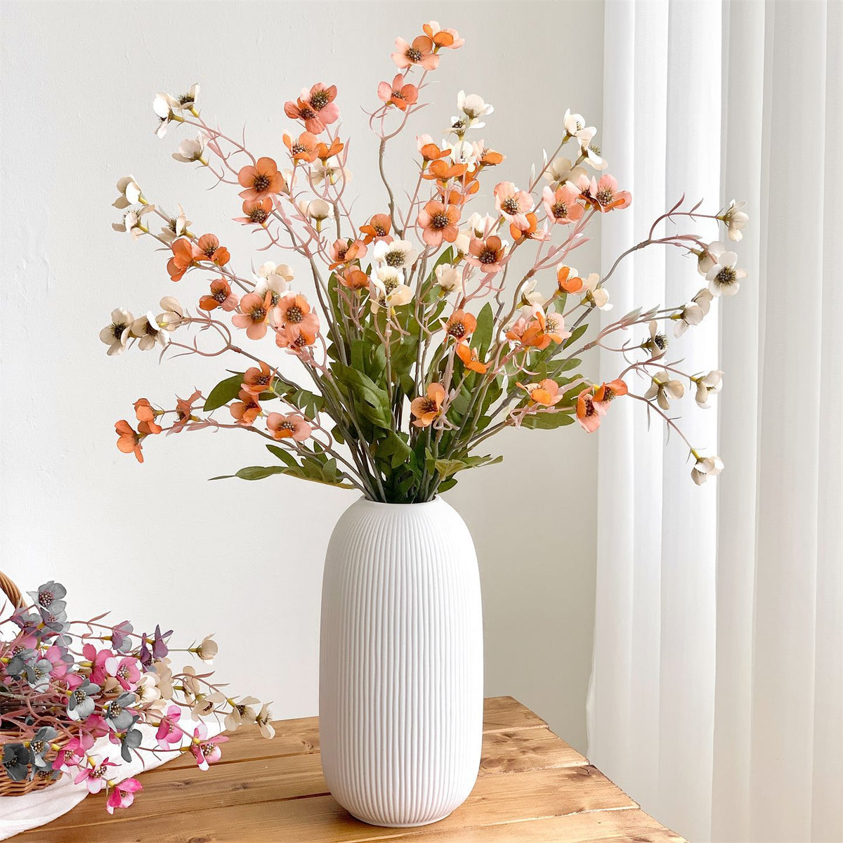 Bouquet de fleurs artificielles en soie polyester, 15 fleurs de prunier, 58 cm, décoration intérieure, style rétro