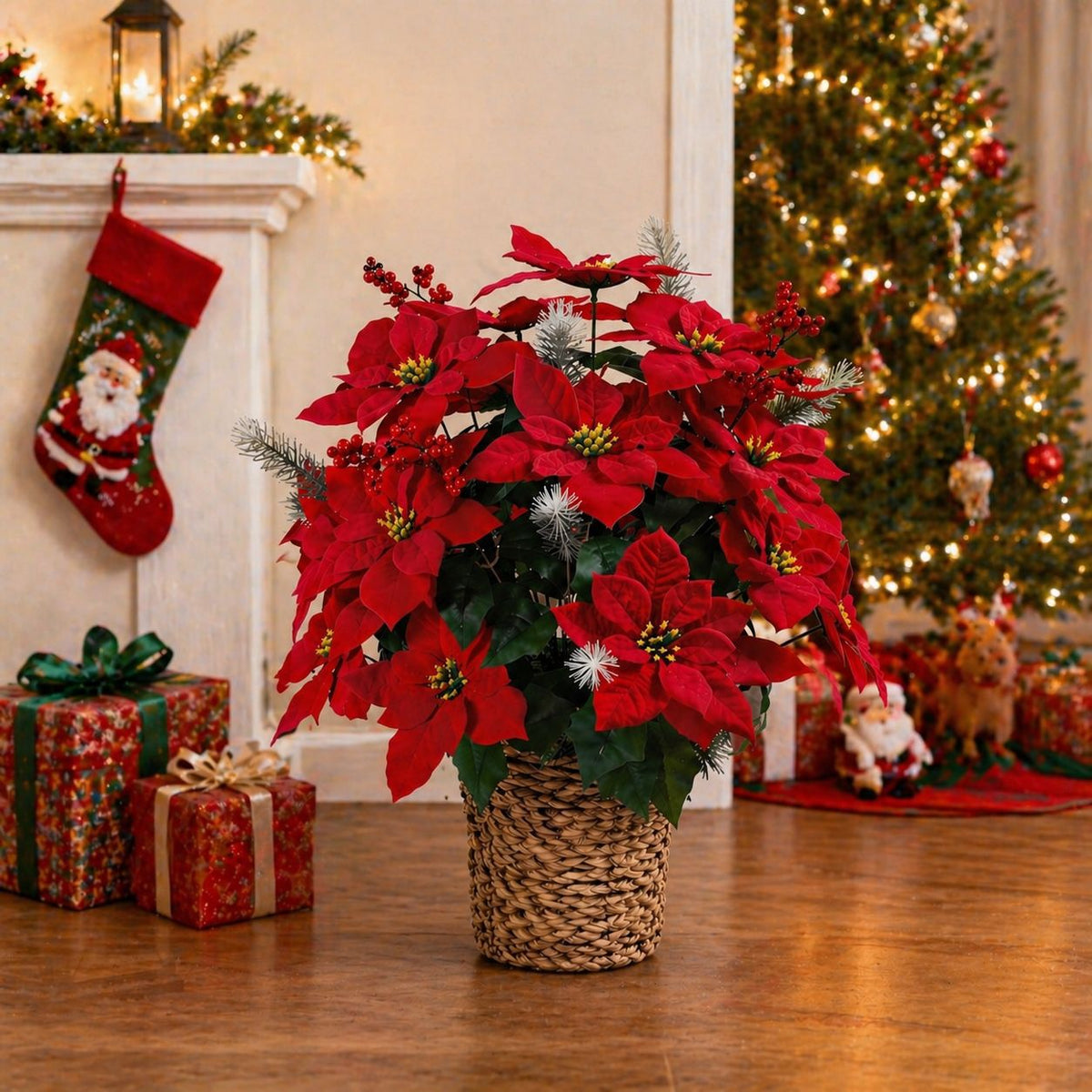 Poinsettia artificiel avec 36 fleurs, décoration de Noël en tissu soyeux, 36 cm, pour mariages, hôtels et décoration d'intérieur