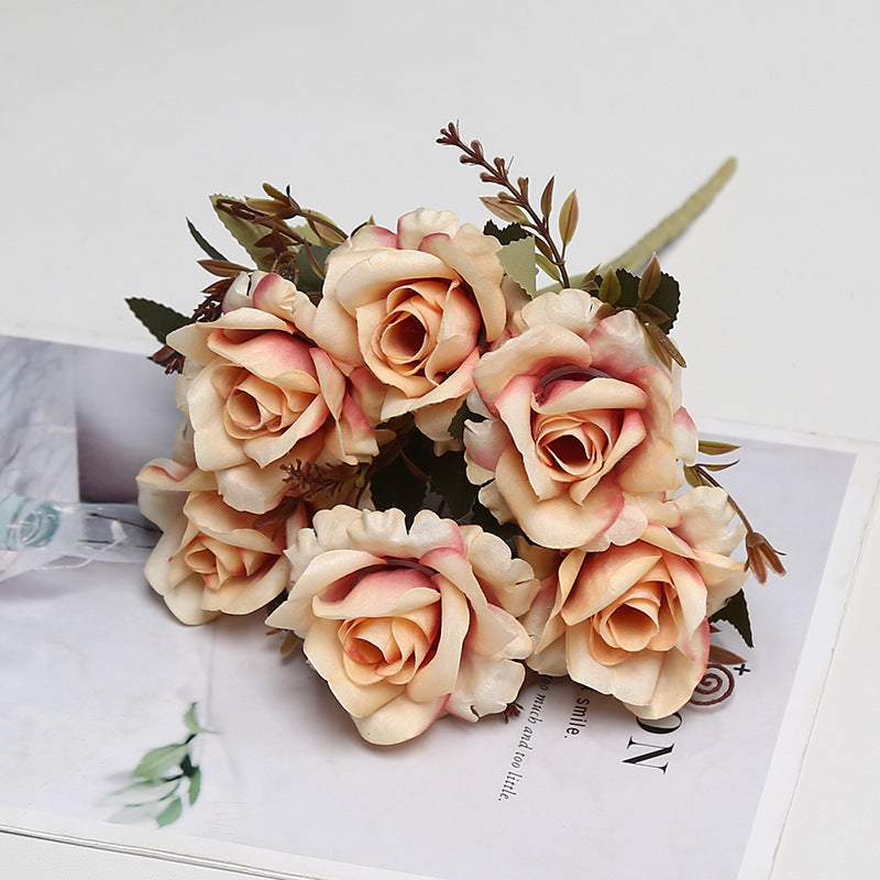 Bush de roses artificielles vintage, 6 fleurs, 30 cm, tissu soyeux, décoration intérieure et événements
