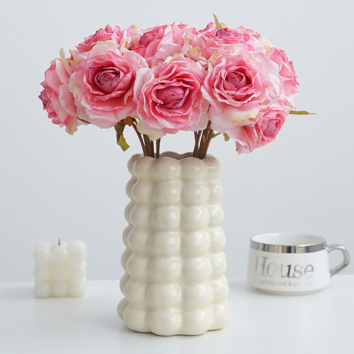 Bouquet de 7 roses vintage à bords vieillis, 35 cm, décoration intérieure élégante, sans entretien
