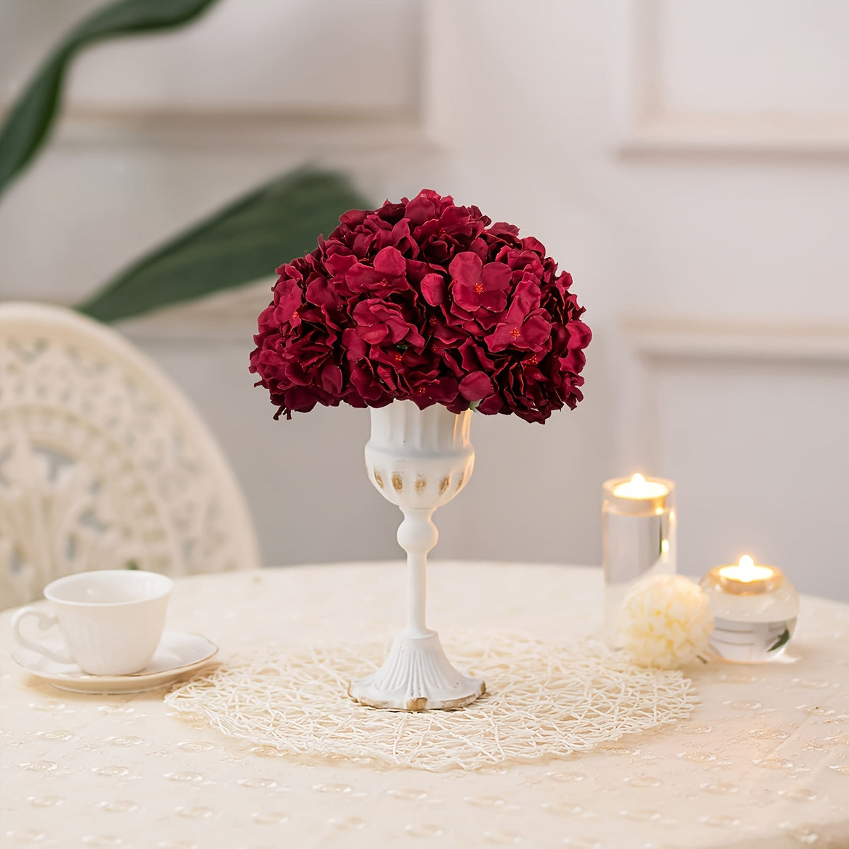 Tête de fleur d'hortensia artificiel en tissu soyeux, 28 cm, couleur bordeaux, pour décoration intérieure et mariage
