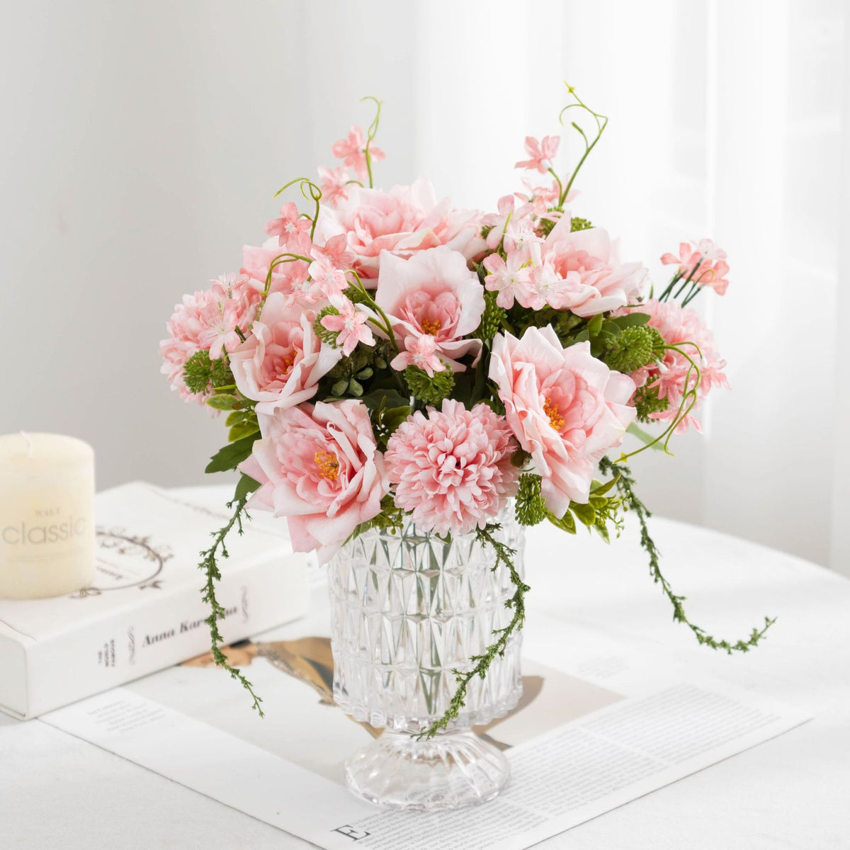 Bouquet de roses et chrysanthèmes artificiels 28 cm, décoration élégante pour mariage, maison ou café, style champêtre et bohème