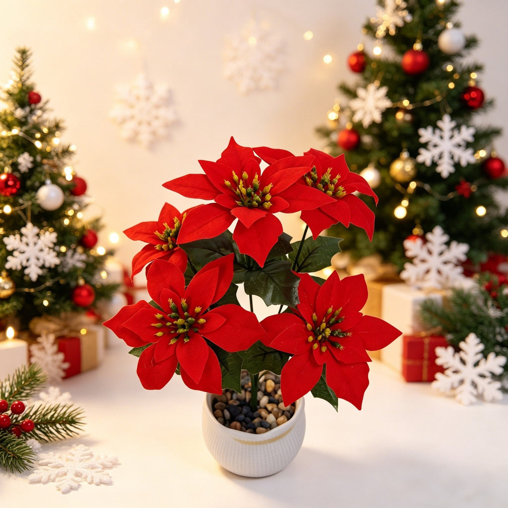 Fleur artificielle en soie polyester Poinsettia de Noël, bouquet de 5 fleurs, 36,5 cm, décoration de mariage, hôtel et maison