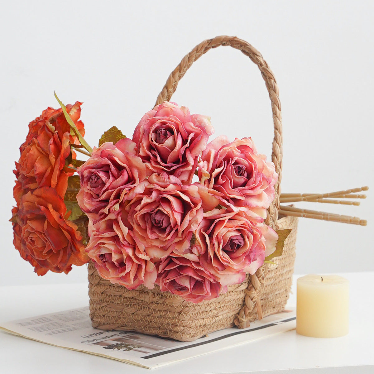 Bouquet de 7 roses vintage à bords vieillis, 35 cm, décoration intérieure élégante, sans entretien