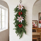 Décoration murale de Noël, guirlande de branches de pin artificielles avec baies rouges et fleurs de Noël, 64 cm, intérieur, fêtes
