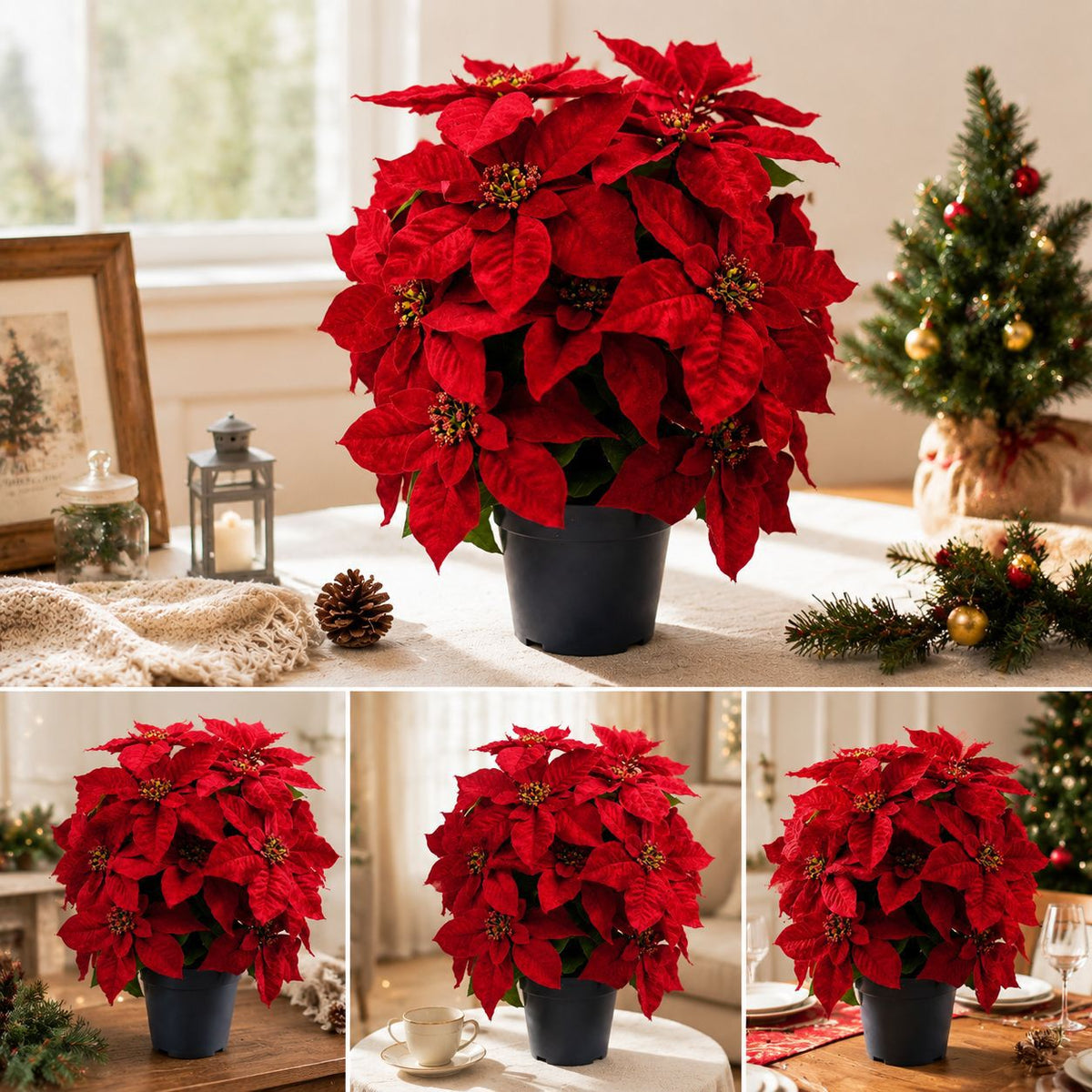 Bouquet de Poinsettias Artificiels avec 20 Fleurs, 48 cm, Pot Inclus, Décoration de Noël et Mariage