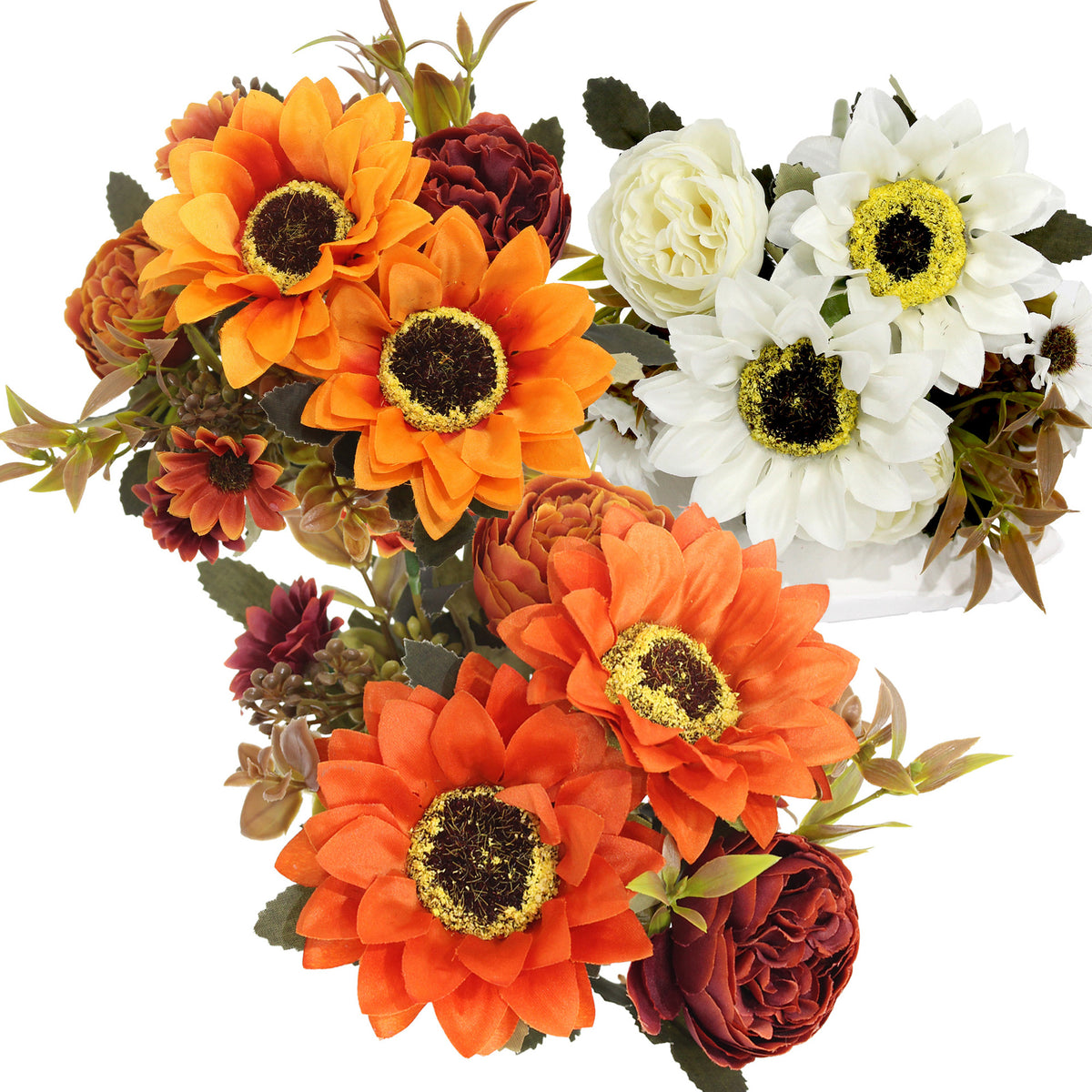 Bouquet artificiel 32 cm – Pivoines, Marguerites, Tournesols, 8 fleurs, décoration intérieur/extérieur, mariage, événement