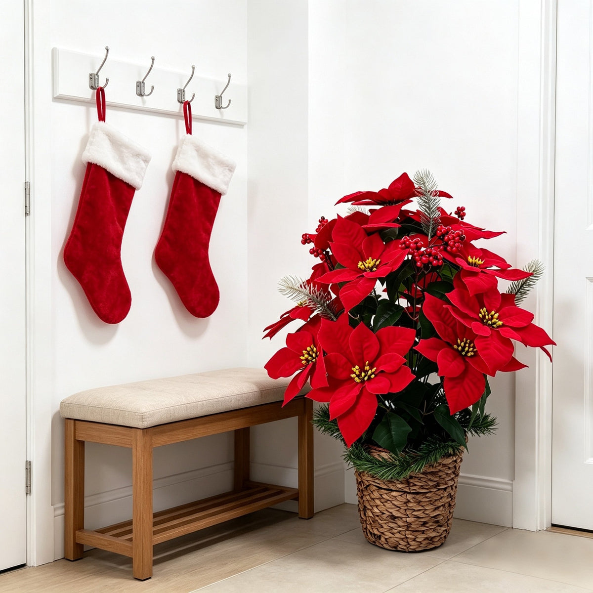 Bouquet de 24 Poinsettias Artificiels, 58 cm, Décoration Festive et Élégante