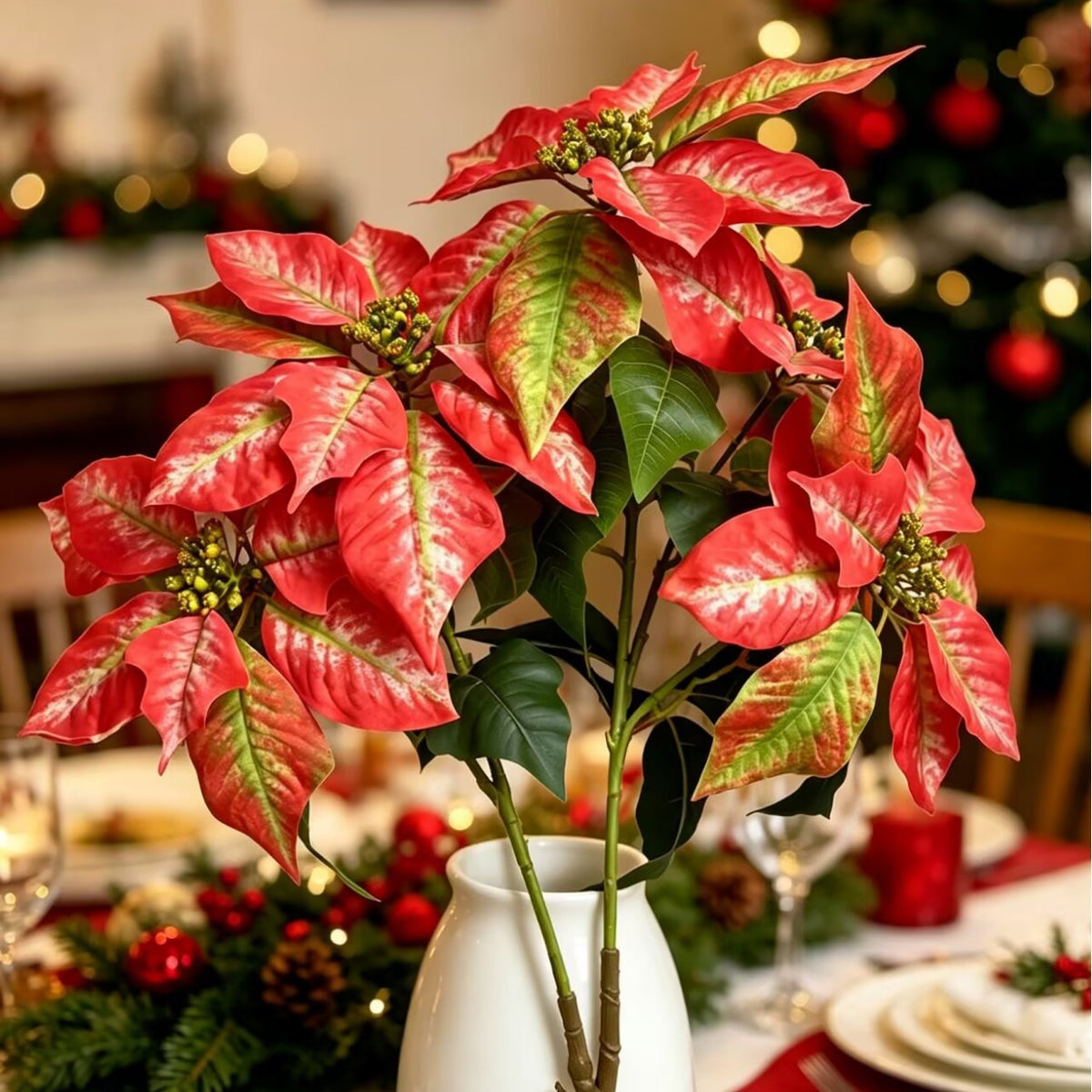 Branche de Poinsettia Artificiel, 12 Fleurs, 45 cm, Décoration de Mariage ou Maison