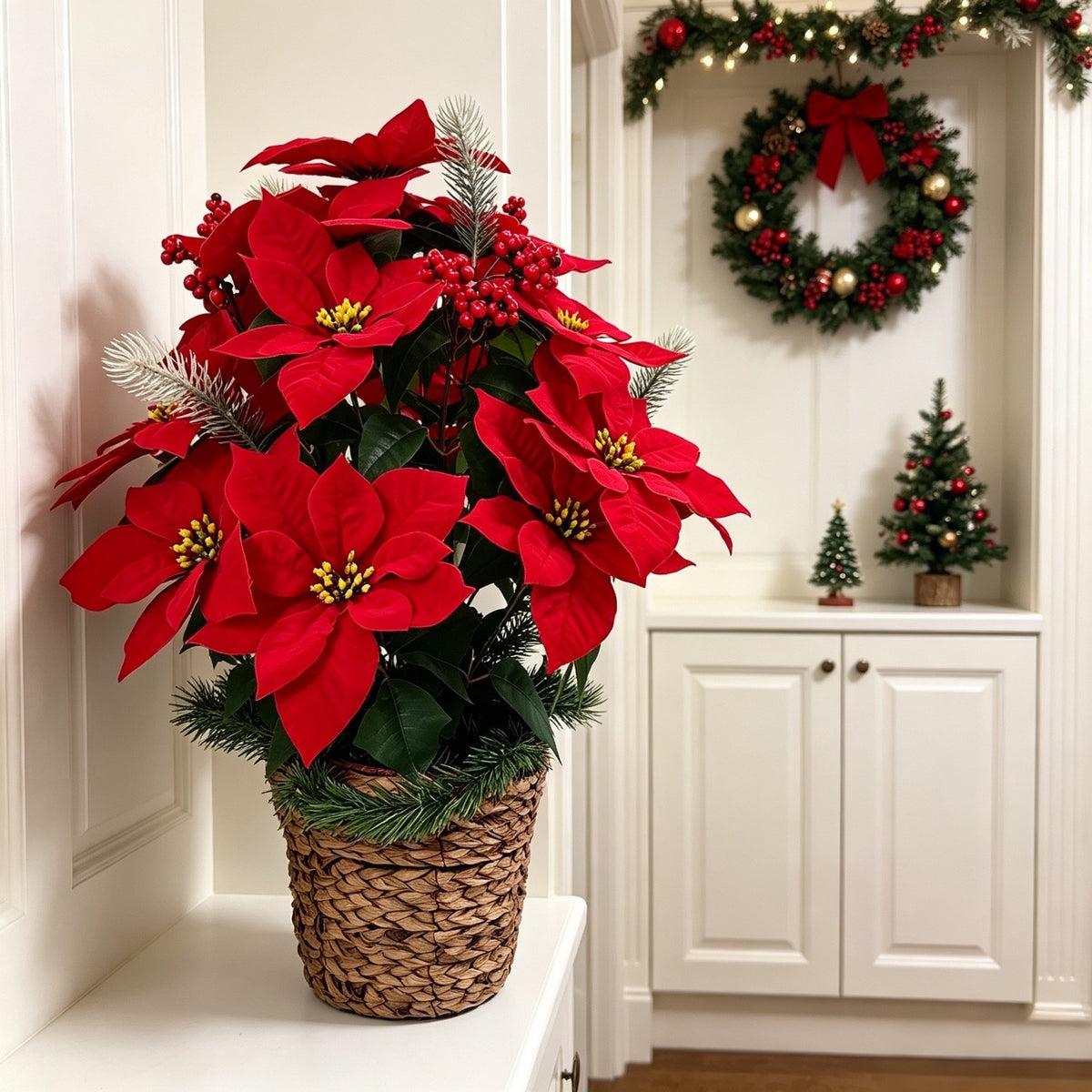 Bouquet de 24 Poinsettias Artificiels, 58 cm, Décoration Festive et Élégante