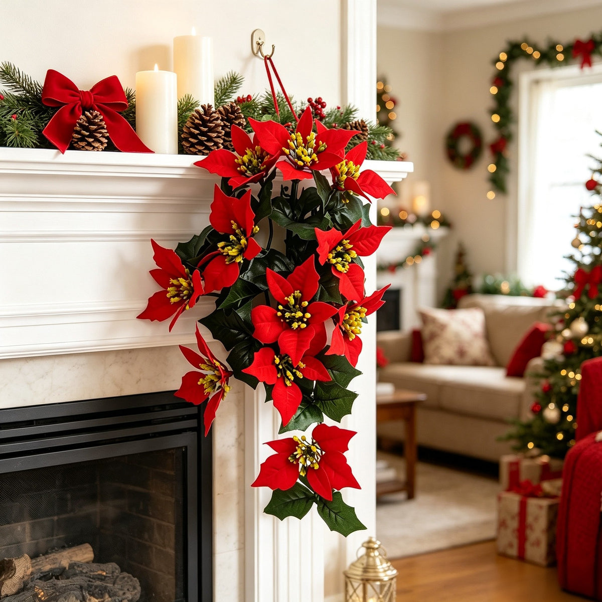 Guirlande de 11 poinsettias artificiels, 40 cm, déco Noël et mariage, intérieur