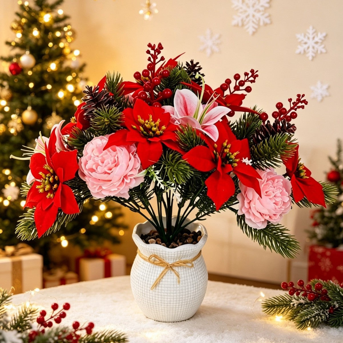 Bouquet de Poinsettia Artificiel, 30 cm, Décoration de Noël, PVC et Tissu Polyester