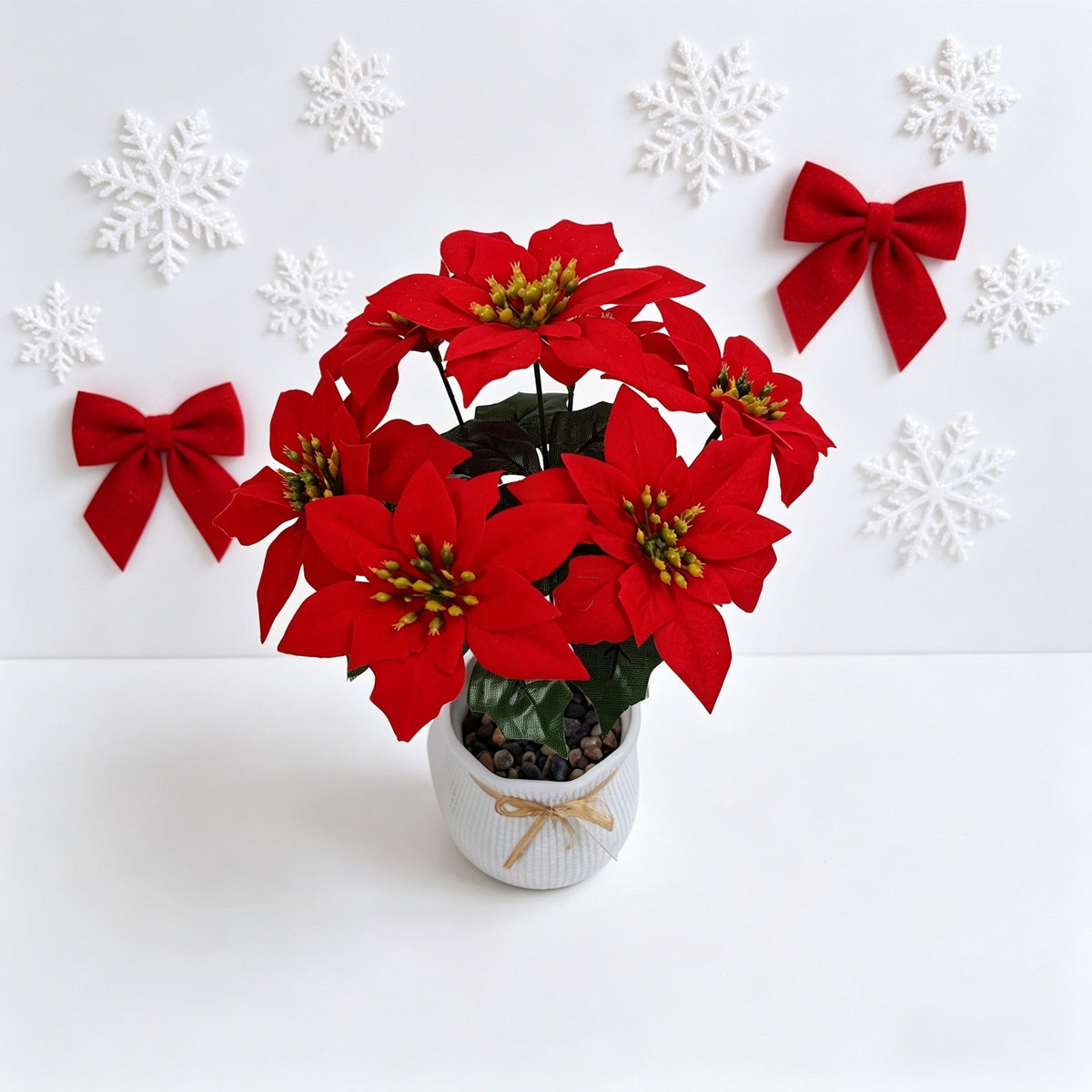 Fleur artificielle en soie polyester Poinsettia de Noël, bouquet de 5 fleurs, 36,5 cm, décoration de mariage, hôtel et maison